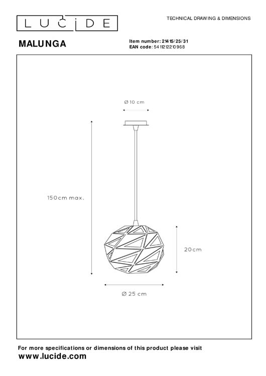 Lucide MALUNGA - Suspension - Ø 25 cm - E27 - Blanc