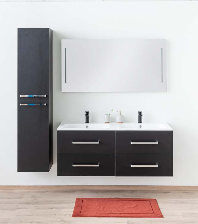 Badkamermeubel Plato zwart houtnerf 140cm - dubbel - glanzend - greep chroom