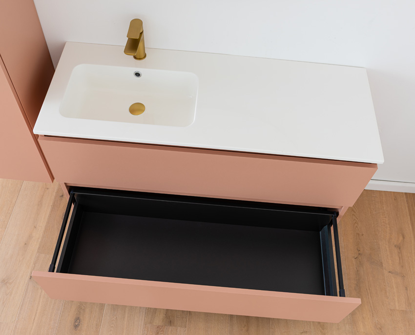 Meuble de salle de bains Dotan abricot suspendu avec lavabo simple gauche blanc brillant 120cm