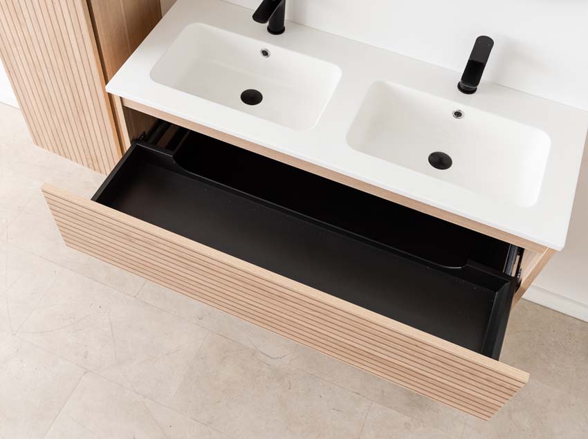 Meuble de salle de bains Dotan line up suspendu avec lavabo double blanc brillant 120cm