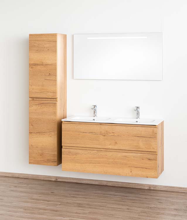 Meuble de salle de bains Daria chêne brun doré suspendu avec lavabo double blanc brillant 120cm