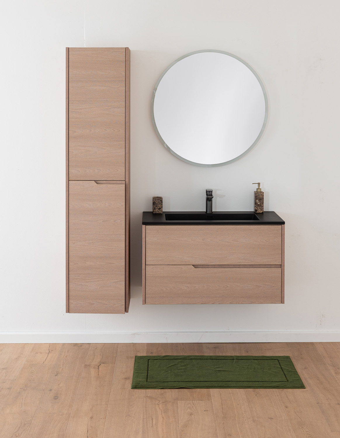 Meuble de salle de bains Tiago chêne Nordic suspendu avec vasque simple noir mat 90cm