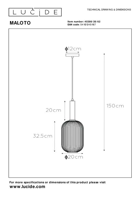 Lucide MALOTO - Suspension - Ø 20 cm - E27 - Ambre Lucide MALOTO - Suspension - Ø 20 cm - E27 - Ambre