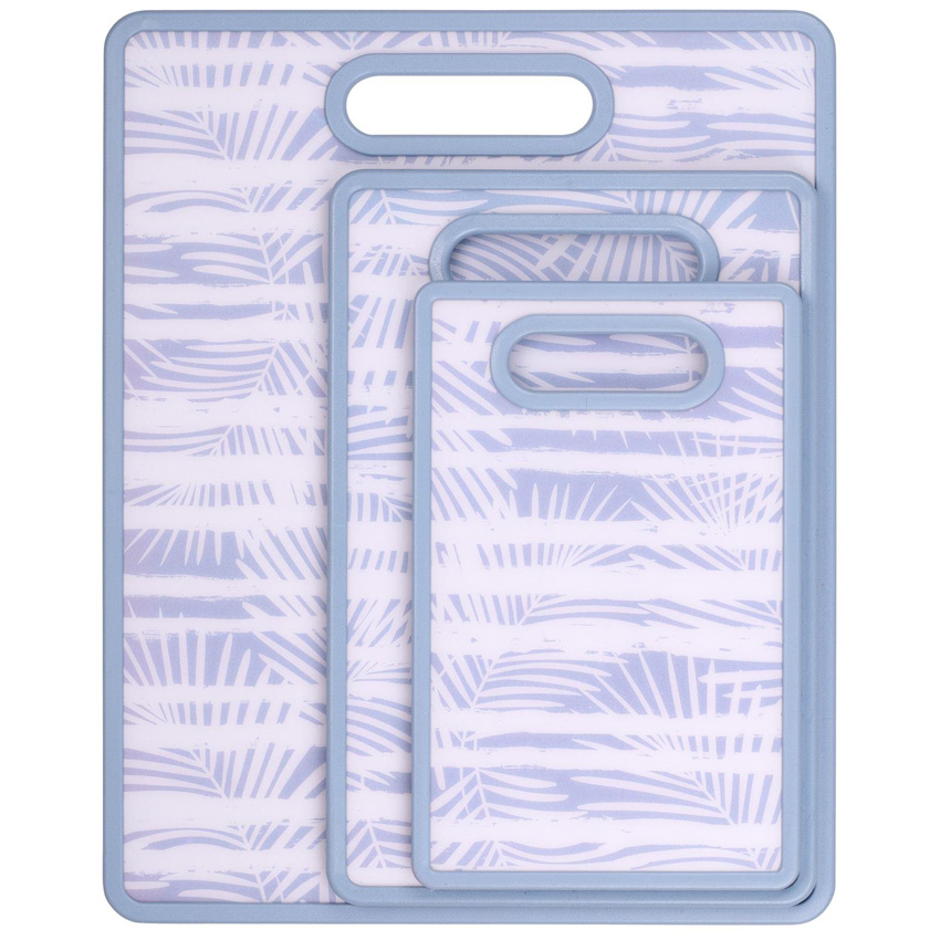 Planche à découper plastique bleu/blanc imprimé branches de palmier set de 3