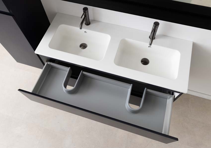 Meuble de salle de bains Tibo gris suspendu avec lavabo double blanc mat 120cm