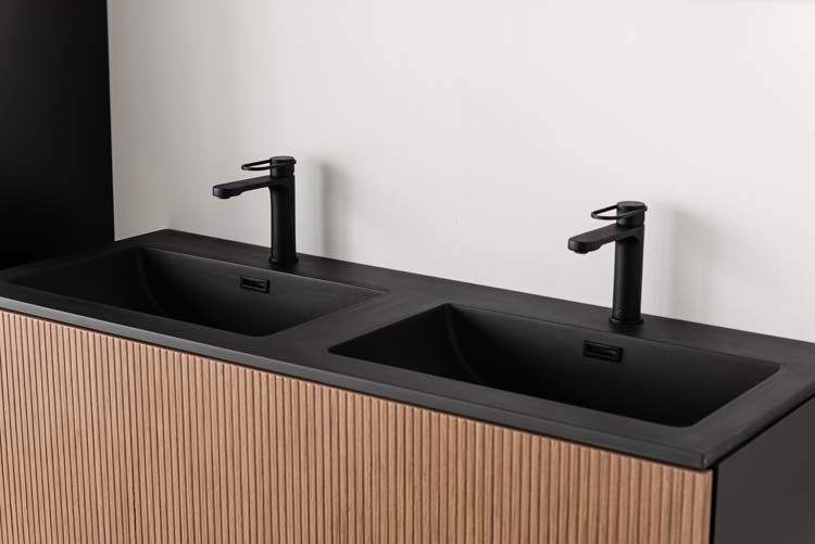 Meuble de salle de bains Dorian noyer suspendu avec lavabo double noir mat 120cm