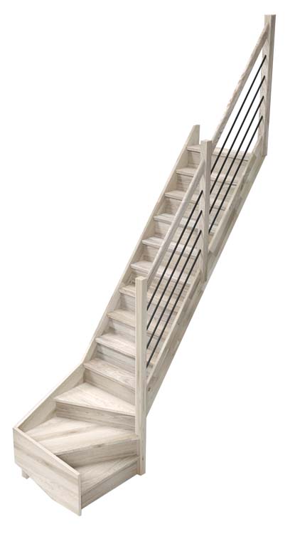 Escalier fermé chêne Freiburg avec quart tour bas droite et avec rampe