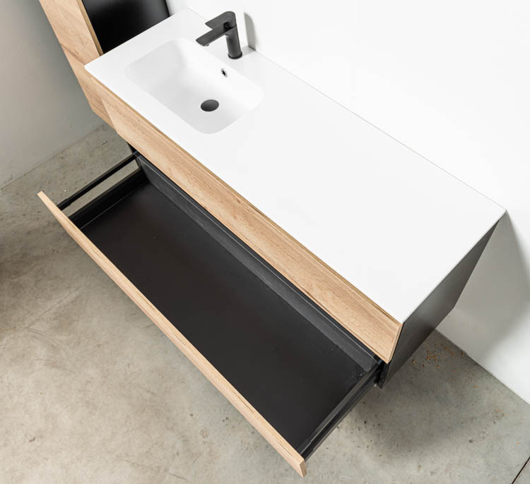Badkamermeubel Dotan eik hangend met enkele wastafel links mat wit 140cm