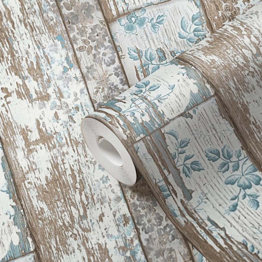 Vinyl op vliesbehang planken + bloemen blauw 0,53x10m