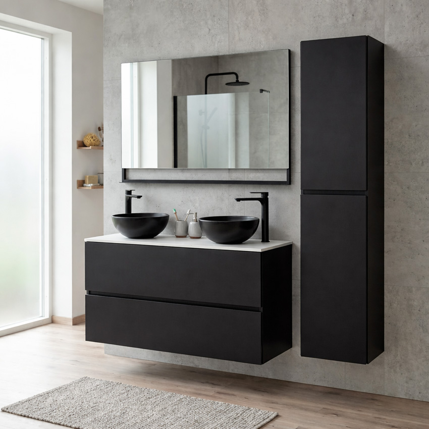 Badkamermeubel Puro mat zwart hangend met mat topblad 120cm