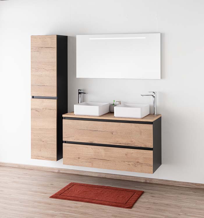 Badkamermeubel Dotan zwart/eik 1200 mm opbouwtablet melamine Badkamermeubel Dotan zwart/eik 1200 mm opbouwtablet melamine