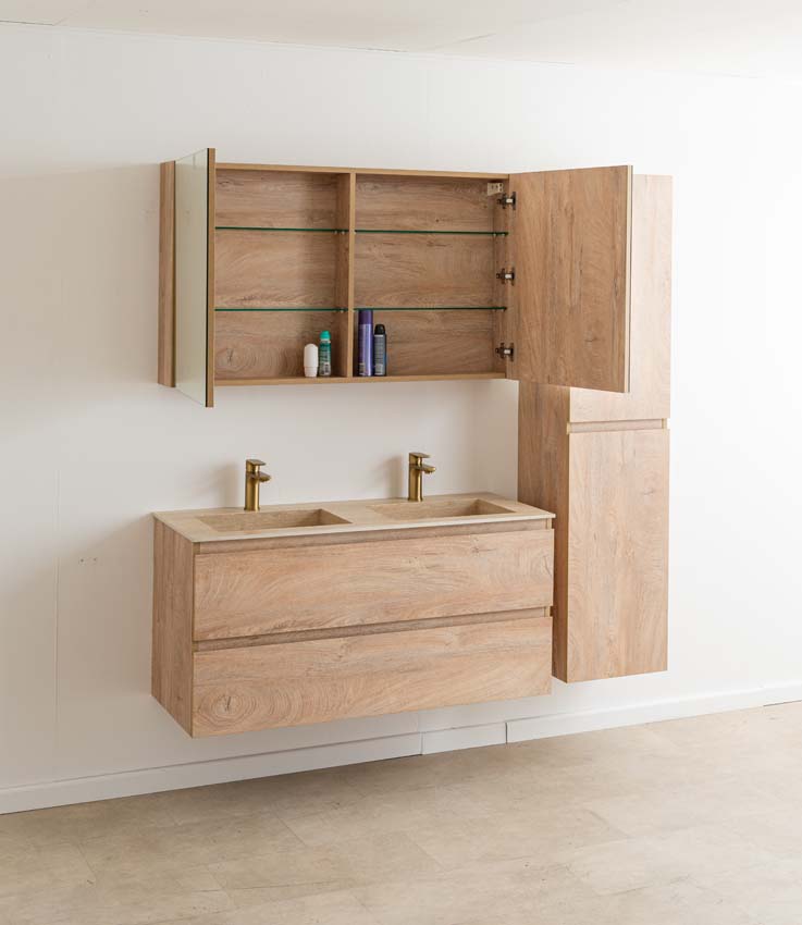 Meuble de salle de bain Tibo en chêne méditerranéen avec double lavabo aspect travertin 120cm