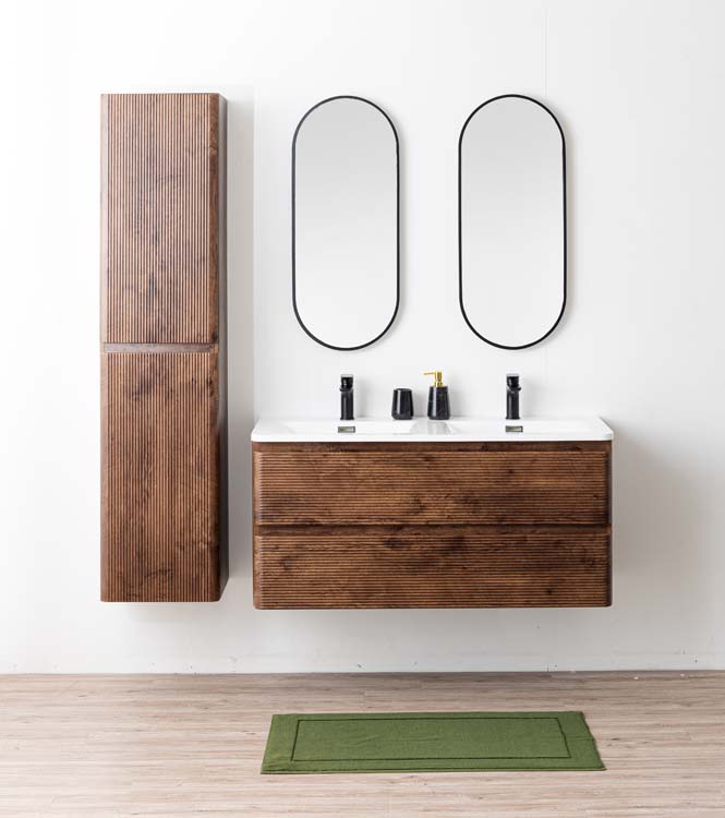 Meuble de salle de bains Jelte noyer suspendu avec lavabo double en marbre minéral blanc brillant 120cm