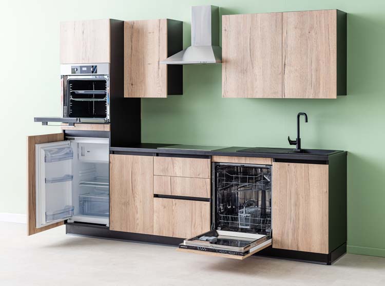 Cuisine Plenti noir/aspect bois 280cm - tirroirs et hotte murale en inox - sans appareils