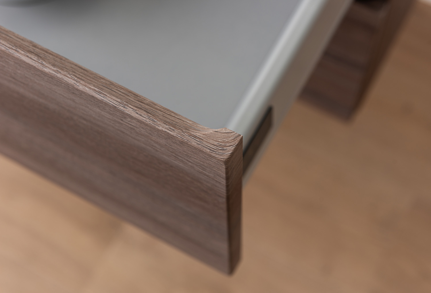 Meuble de salle de bains Tarik chêne ambré suspendu avec double vasque blanc brillant 120cm