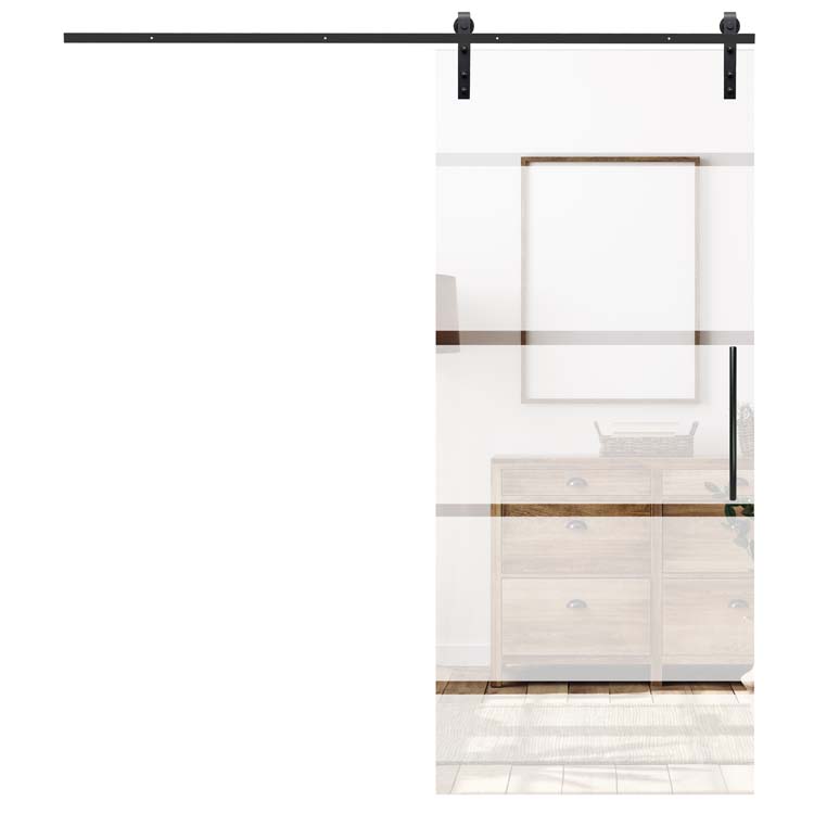 Porte coulissante vitrée complète Sky Dusk mat + 4 lignes transparentes 93x215cm poignée carrée ronde + rail noir