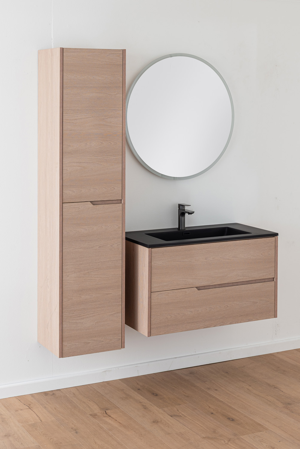 Meuble de salle de bains Tiago chêne Nordic suspendu avec vasque simple noir mat 90cm