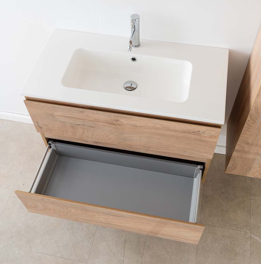 Meuble de salle de bain Tibo en chêne méditerranéen avec lavabo simple blanc brillant 90cm