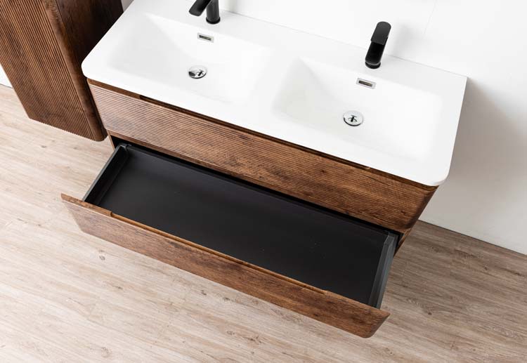 Meuble de salle de bains Jelte noyer suspendu avec lavabo double en marbre minéral blanc brillant 120cm