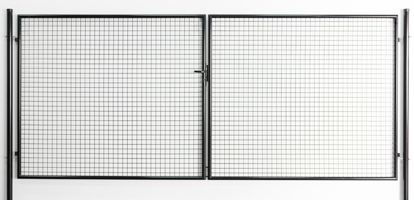 Complete dubbele tuinpoort zwart 175x400cm - ronde palen, inclusief palen, slot en kruk