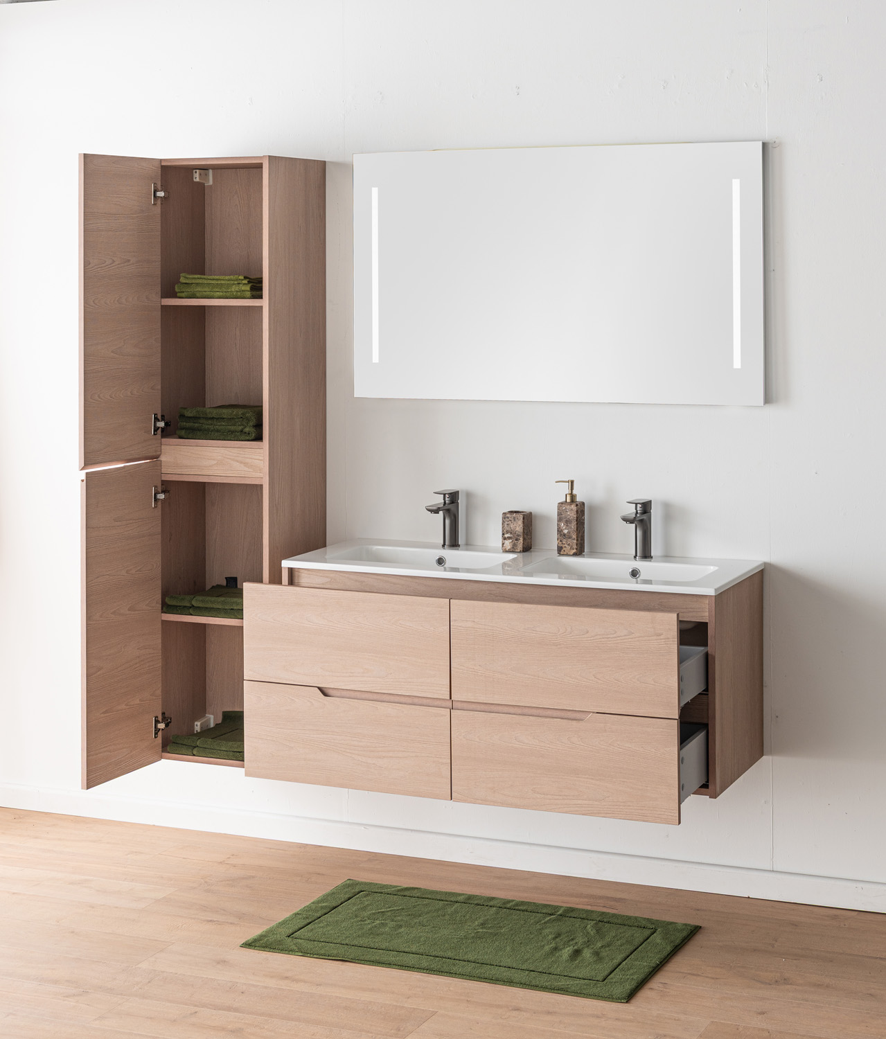 Meuble de salle de bains Tarik chêne Nordic suspendu avec double vasque blanc brillant 120cm