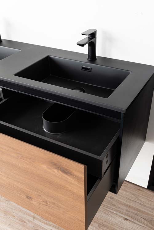 Meuble de salle de bains Justin noyer suspendu avec lavabo double noir mat 140cm