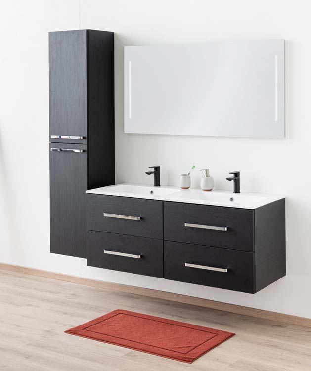 Badkamermeubel Plato zwart houtnerf 140cm - dubbel - glanzend - greep chroom