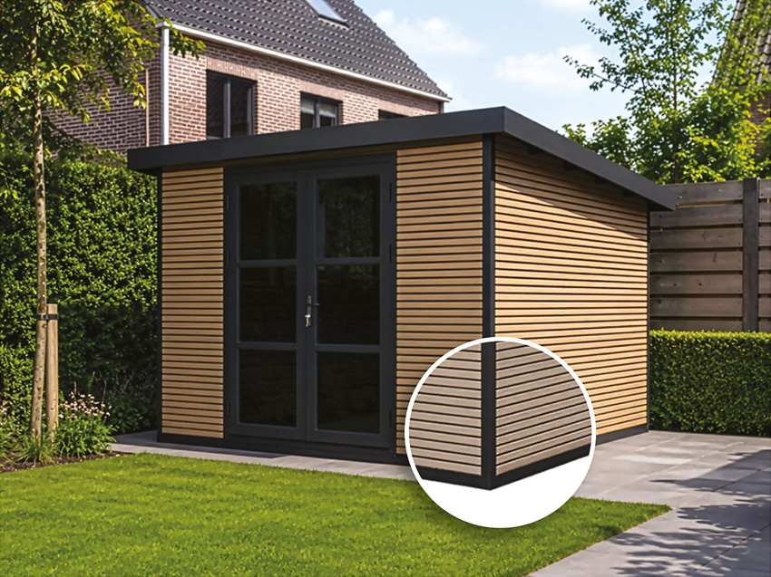 Abri de jardin Yasmine en bois composite stone grey/sandstone 290x290cm double porte