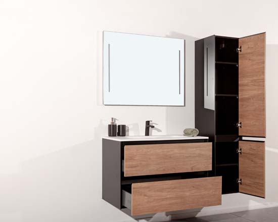 Badkamermeubel Molly houtlook hangend met enkele wastafel mat wit 90cm