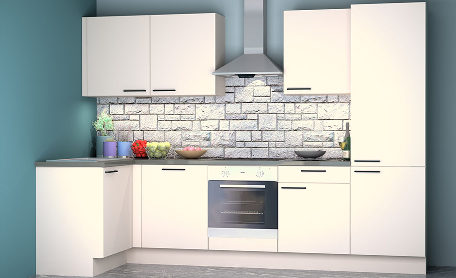 Cuisine d'angle Premium 15B blanche 305x125cm - pré-montée - sans appareils