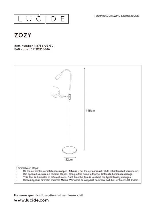 Lucide ZOZY - Leeslamp - LED Dimb. - 1x3W 3000K - 3 StepDim - Zwart