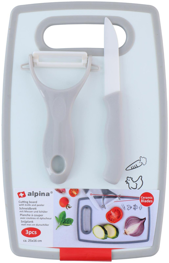 Snijplank met dunschiller en mes kunststof lichtgrijs 25x16cm