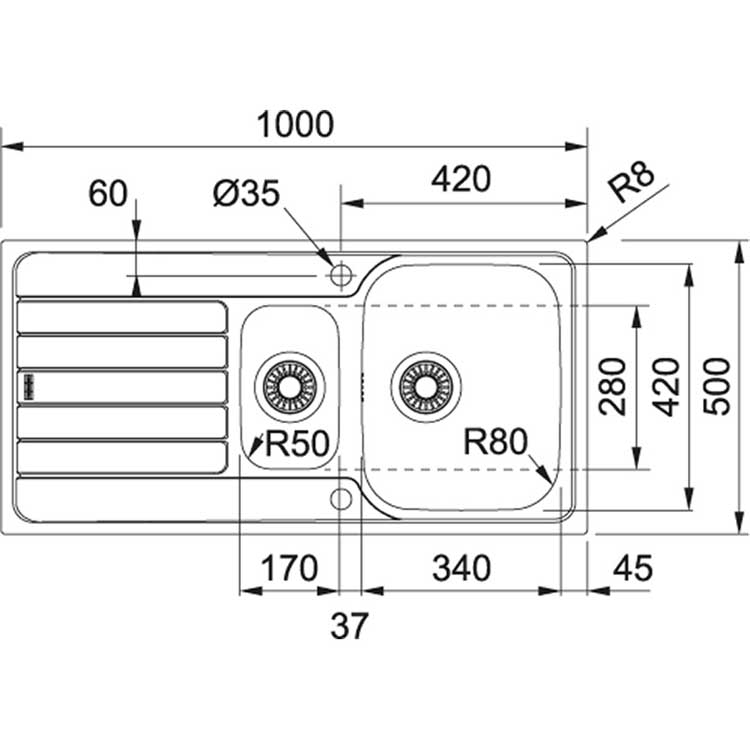 Spoelbak Franke Spark inox 1,5 bak 100x50cm