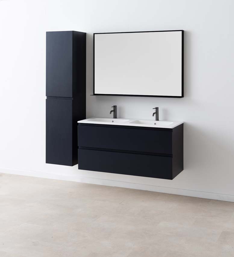 Meuble de salle de bains Tibo gris suspendu avec lavabo double blanc mat 120cm