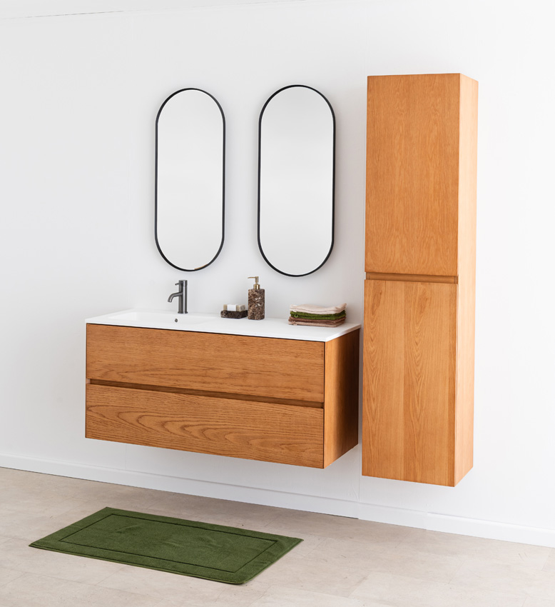 Badkamermeubel Fior eik hangend met enkele wastafel glanzend wit 120cm