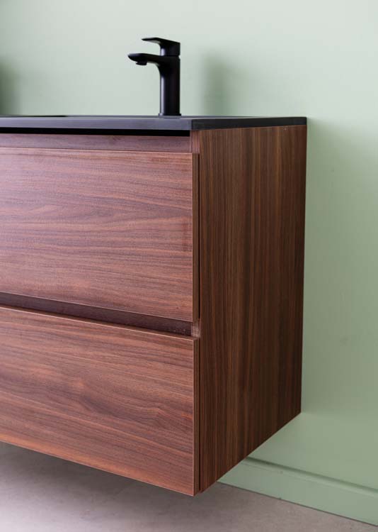 Meuble de salle de bains Dotan noyer suspendu avec lavabo double noir mat 120cm