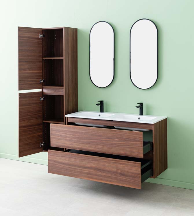 Meuble de salle de bains Dotan noyer suspendu avec lavabo double blanc brillant 120cm
