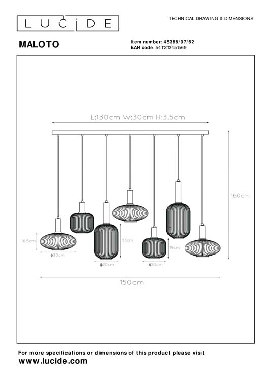 Lucide MALOTO - Suspension - 7xE27 - Ambre