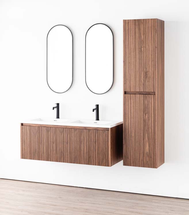 Badkamermeubel Warren walnoot hangend met dubbele wastafel mat wit 120cm