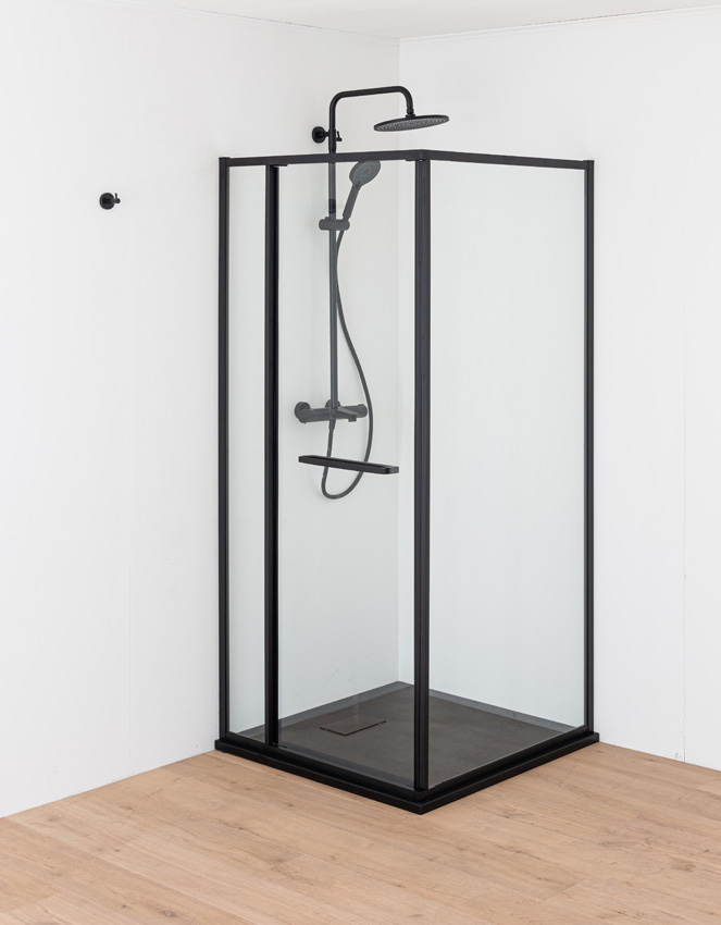 Douche d'angle Ares avec porte peu encombrante noir mat 90x90x190cm