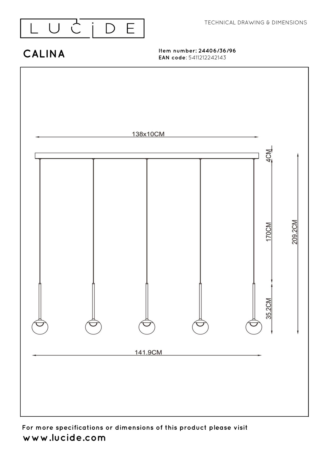 Lucide Premium Calina - Hanglamp - LED Dimb. - CCT - 5X8,2W 2200K/3300K - Met vervangbare LED-module - Koffie