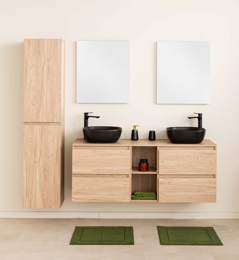 Meuble de salle de bain Bella aspect chêne 1500 mm lavabo double noir mat Meuble de salle de bain Bella aspect chêne 1500 mm lavabo double noir mat