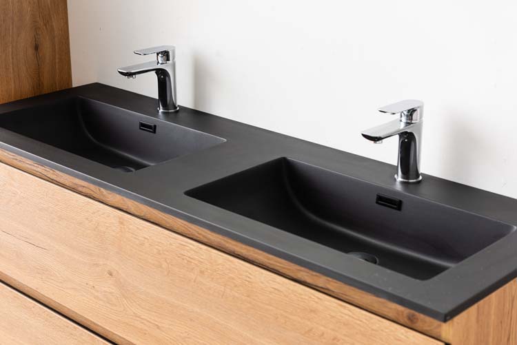 Meuble de salle de bain Daria chêne brun doré 1400 mm lavabo noir mat