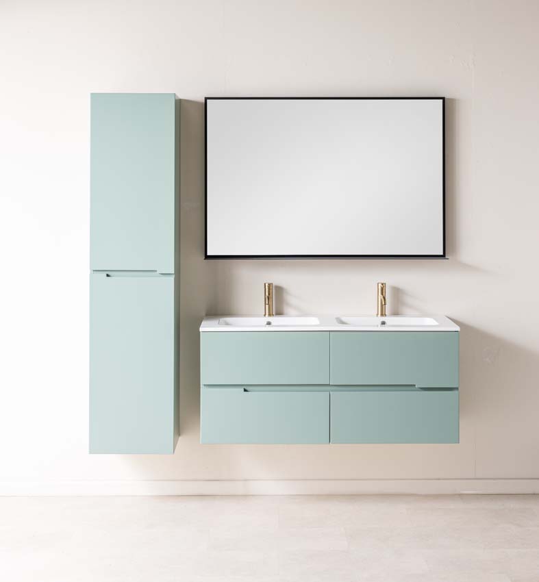 Meuble de salle de bains Truman vert gris suspendu avec lavabo double blanc brillant 120cm