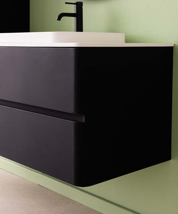 Badkamermeubel Ames mat zwart hangend met opbouwkom mat wit 110cm