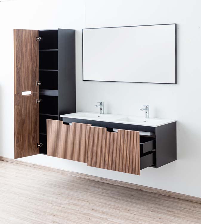Meuble de salle de bains Willow noyer suspendu avec lavabo double blanc mat 140cm