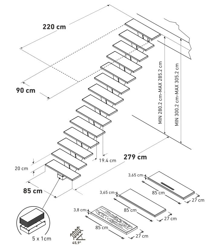 Escalier hêtre Flieden droit 280x85cm