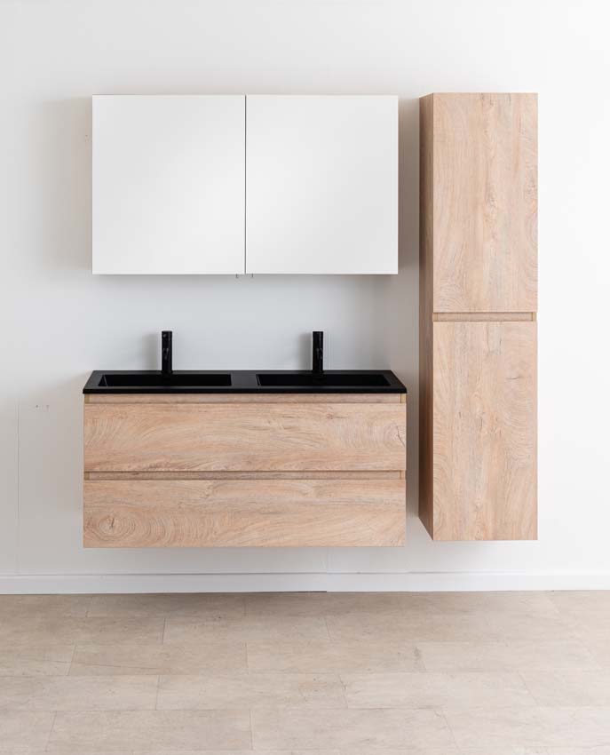 Meuble de salle de bain Tibo en chêne méditerranéen avec double lavabo noir mat 120cm