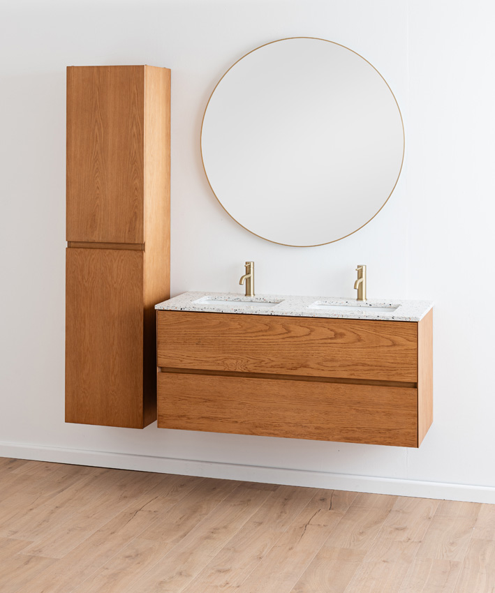 Badkamermeubel Fior eik hangend met dubbele wastafel terrazzo 120cm