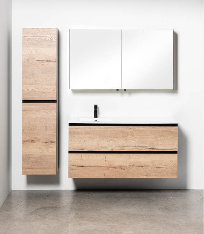 Badkamermeubel Dotan eik hangend met  enkele wastafel links glanzend wit 120cm
